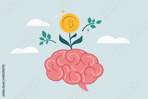 Money attitude, investing mindset or financial knowledge, wealth inspiration, investment brain, wisdom or inspiration, rich or profit growth concept, brain with grow seedling with money dollar coin.