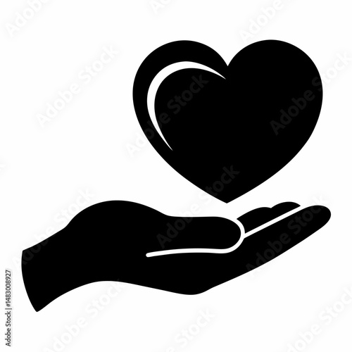 Heart in hand silhouette icon on white background
