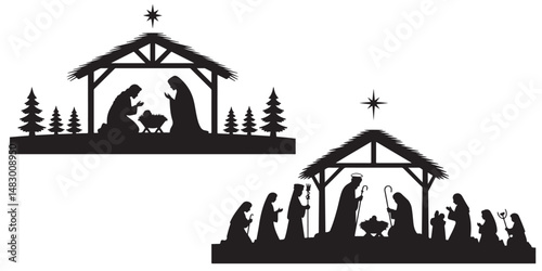 set of vector style Christmas nativity scene silhouette icon