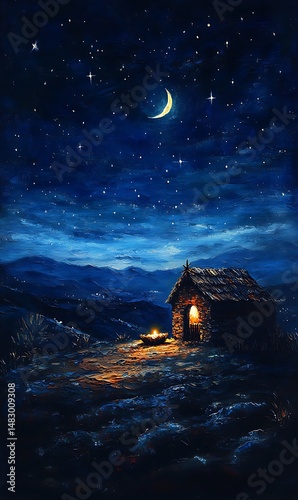 Cozy stone cottage radiates a warm glow under a crescent moon and starlit sky