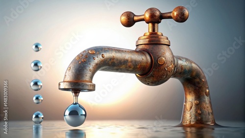 Wallpaper Mural A Rusty Faucet Dripping Water with Several Droplets Falling into a Still Water Surface at Sunset Torontodigital.ca