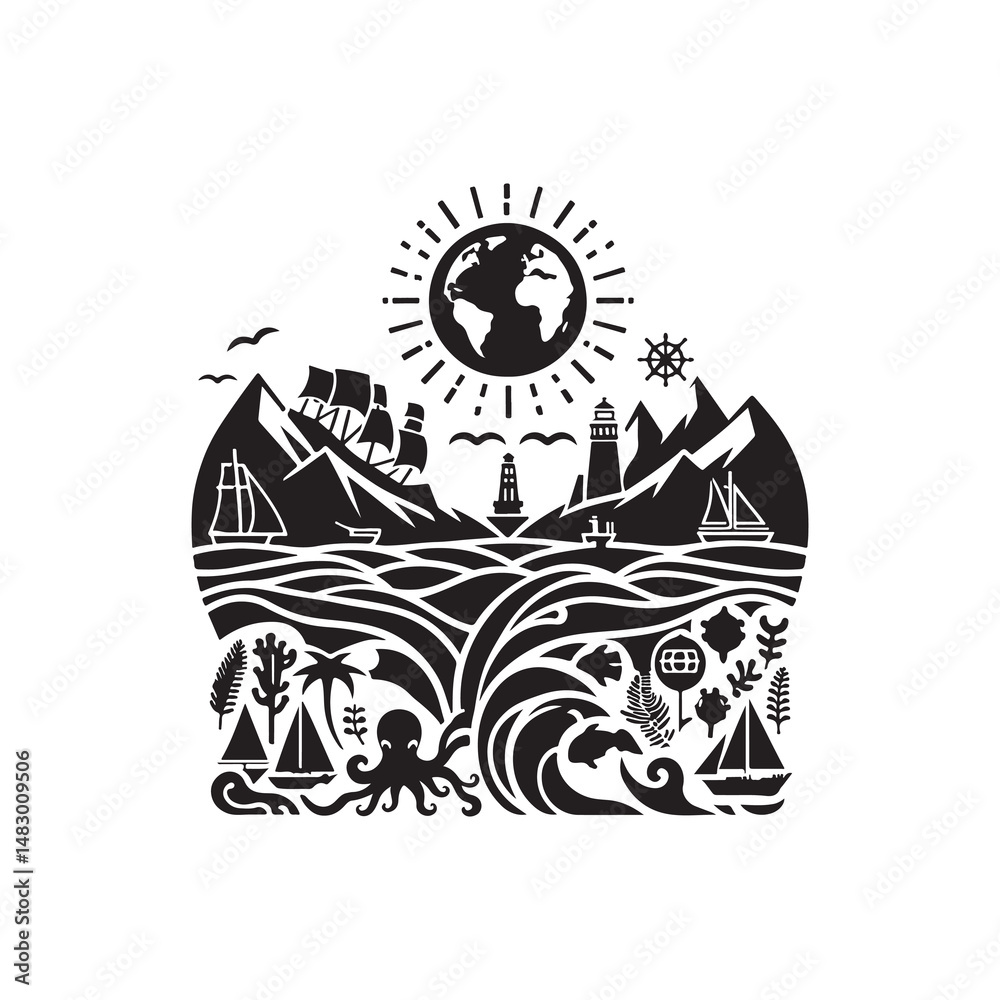 Obraz premium World Oceans Day Silhouette Vector Illustration, Solid White Background.