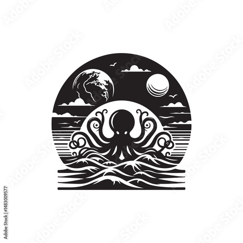 World Oceans Day Silhouette Vector Illustration, Solid White Background.