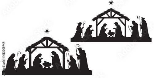 set of vector style Christmas nativity scene silhouette icon