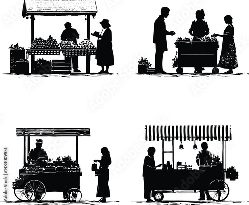 Marketplace & Street Vendor Symbol Set Featuring Four Unique Scenes: A Produce Stall with a Merchant Interacting with a Customer, A Market Stand with Two Vendors Engaging with a Shopper, A Mobile 