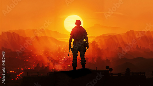 Silhouette of soldier standing on hill overlooking mountainous landscape at sunset, rifle slung over shoulder, dramatic orange sky with large sun creating atmospheric mood.