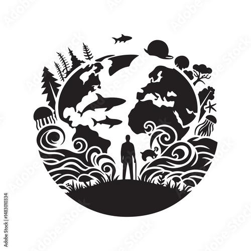 World Oceans Day Silhouette Vector Illustration, Solid White Background.