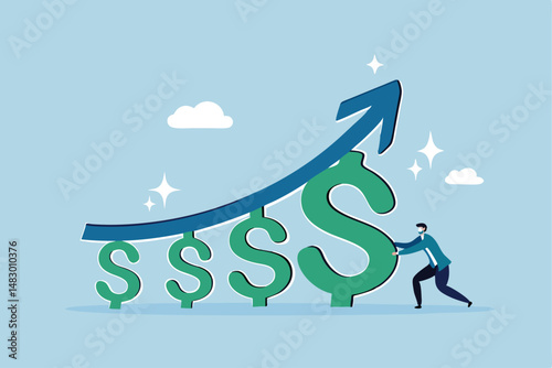Increase revenue, income or wealth management growing investment asset to make profit or earning, financial economy, saving or investing concept, businessman push growth dollar sign on growing chart.