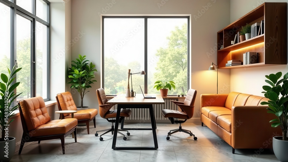 Fototapeta premium Modern office interior design featuring a contemporary workspace with leather furniture and abundant natural light