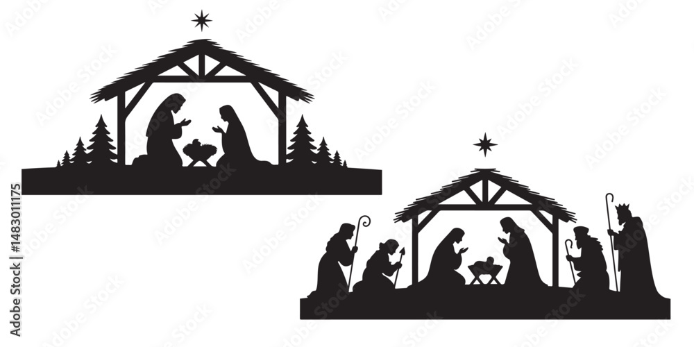 Obraz premium set of vector style Christmas nativity scene silhouette icon