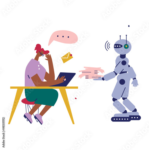 Robot assistant helps woman office worker by handing over documents and eliminating routine paperwork. Woman with laptop uses services of robot to increase productivity in performing tasks.