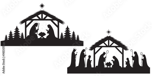 set of vector style Christmas nativity scene silhouette icon