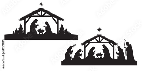 set of vector style Christmas nativity scene silhouette icon