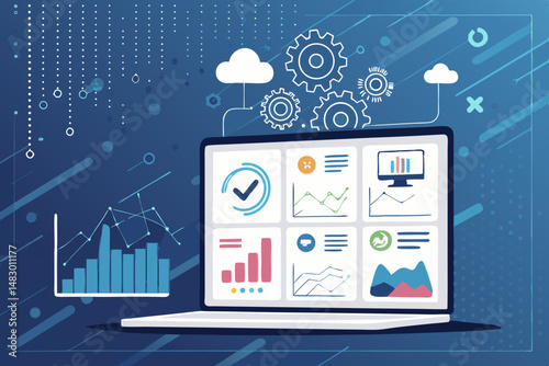 Design a vibrant vector illustration of a bold, modern SaaS interface for a digital startup.  Emphasize clean lines and a futuristic aesthetic.