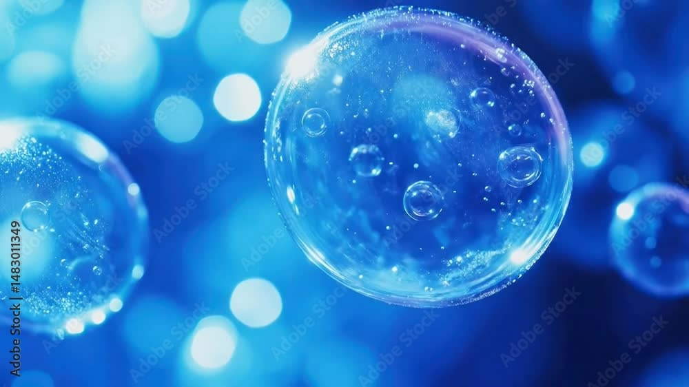 Mesmerizing close-up of transparent blue bubbles floating in a fluid dynamic environment