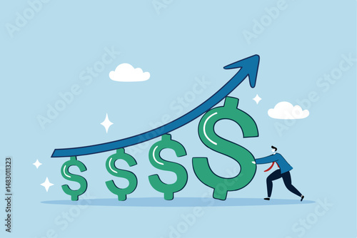 Increase revenue, income or wealth management growing investment asset to make profit or earning, financial economy, saving or investing concept, businessman push growth dollar sign on growing chart.