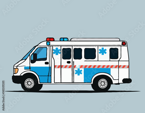 Vector graphic of ambulance van side view with blue lights and blue Star of Life