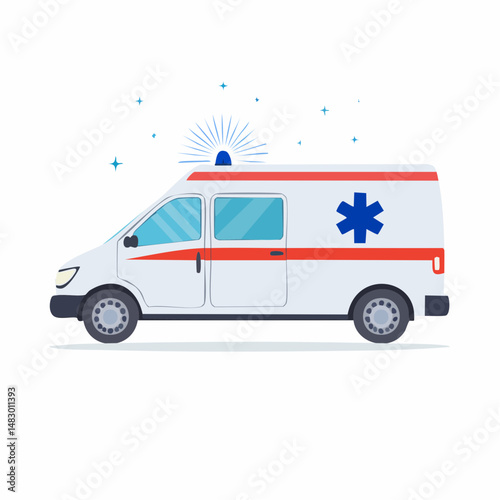Vector graphic of ambulance van side view with blue lights and blue Star of Life