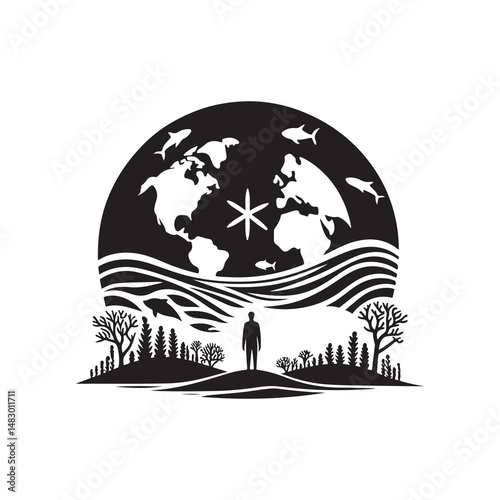 World Oceans Day Silhouette Vector Illustration, Solid White Background.