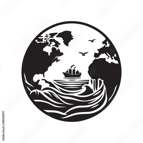 World Oceans Day Silhouette Vector Illustration, Solid White Background.