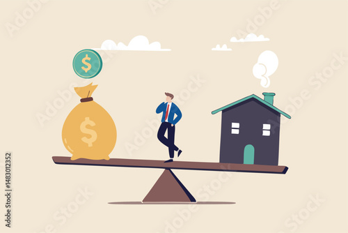 Decision between pay off mortgage or invest in stock market, most benefit or profit, financial decision, option to choose concept, businessman think between pay off mortgage and invest for profit.