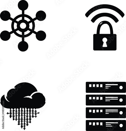 Cybersecurity & Cloud Computing Symbol Set Featuring Four Unique Icons: A Network Hub with Connected Nodes Representing Data Distribution, A Padlock with a Wi-Fi Signal Indicating Secure Wireless 