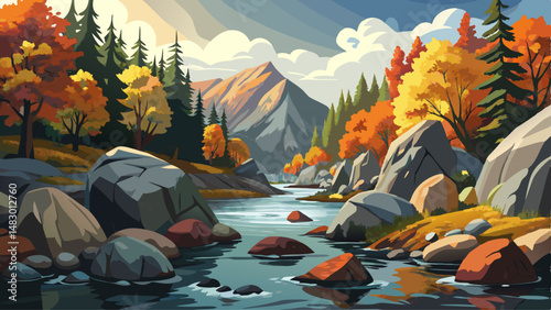 Boulders and rocks in fresh water stream at rural British Columbia in autumn time