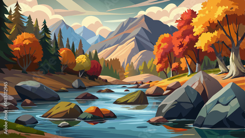 Boulders and rocks in fresh water stream at rural British Columbia in autumn time