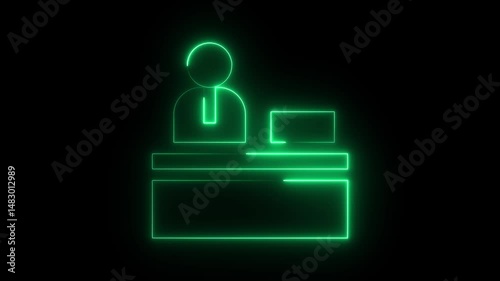Glowing neon line Information desk icon isolated on black background. Man silhouette standing at information desk. Help person. Information counter. 4K Video motion 