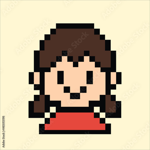 Retro pixel girl avatar with twin braids in red top