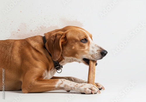 甘噛みする可愛い犬 白い背景 骨おもちゃ