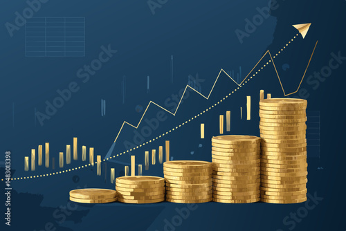 Create a visually striking image depicting a finance investment theme.  Feature bold, golden coins as the central focus, suggesting wealth and prosperity.