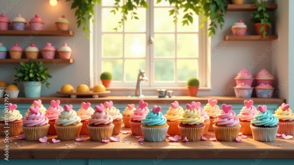 custom made wallpaper toronto digitalA Delightful Display of Pastel Cupcakes with Heart-Shaped Decorations on a Sunny Kitchen Counter