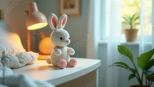 A charming crocheted bunny sits on a bedside table, bathed in the soft glow of a bedside lamp, creating a peaceful and comforting atmosphere in a child's bedroom