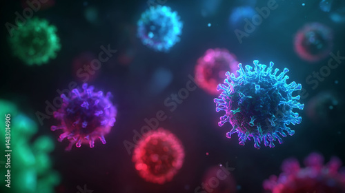 Bright blue and purple fractal designs illustrate bacteria and viruses glowing in the dark night space under a microscope  or covid-19