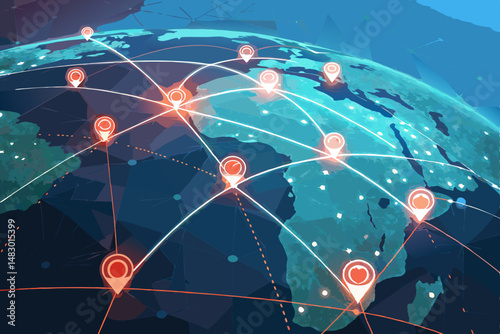 Illustrate a global startup network interconnected glowing nodes representing companies, forming a world map.  Emphasize technological innovation and global collaboration.