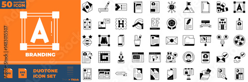 Branding Duotone Editable Icons set. Vector illustration in modern thin duotone style of branding icons: marketing, product, brand value, etc