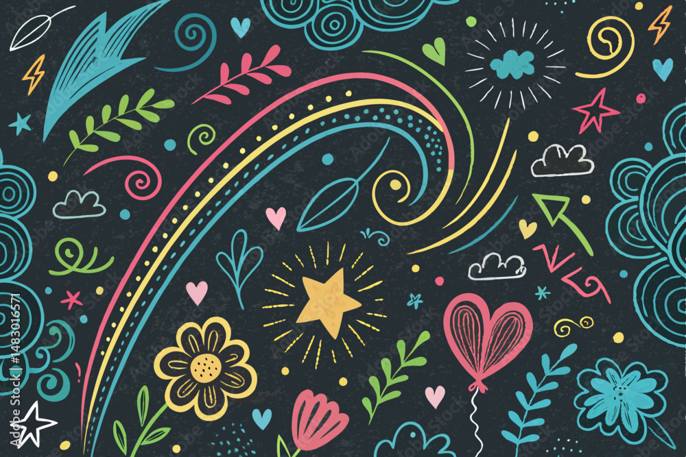 Fototapeta premium Vibrant, hand-drawn doodle pattern featuring bold, multicolored strokes; chaotic yet playful design; suitable for textile prints or vibrant backgrounds.