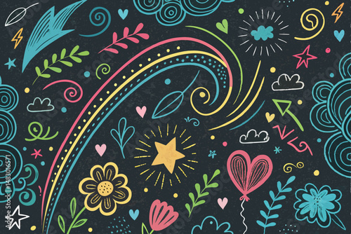 Vibrant, hand-drawn doodle pattern featuring bold, multicolored strokes; chaotic yet playful design; suitable for textile prints or vibrant backgrounds.