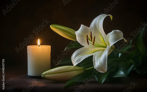 Softly lit candle and elegant white lily create a gentle, peaceful, and somber scene