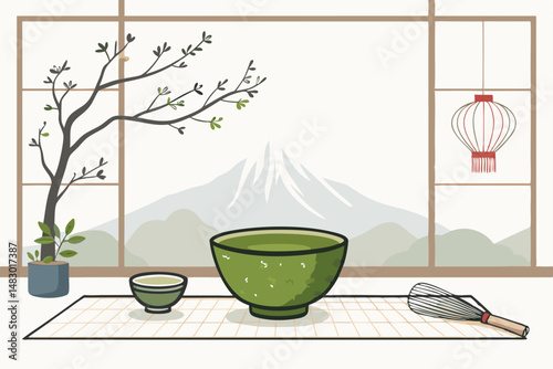 Create a vibrant vector illustration of a Japanese tea ceremony, featuring a bold, stylized matcha bowl as the central focus.  Include traditional elements.