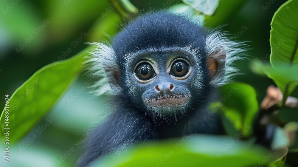 Fototapeta premium Young dusky langur monkey among lush green leaves in tropical forest
