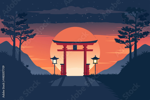 Create a vector illustration of a vibrant Japanese torii gate at sunset, with glowing, warm-toned light effects.  Emphasis on detailed gate structure and atmospheric sunset.