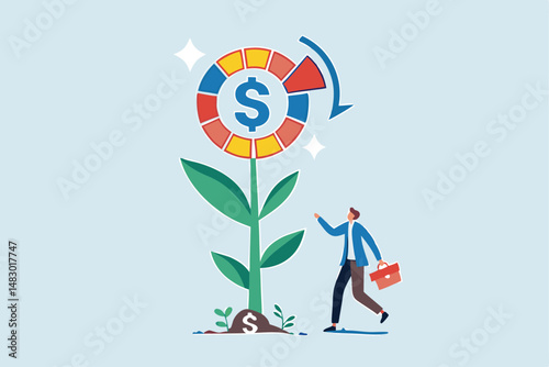 Investment portfolio, asset allocation to build passive income, wealth management or mutual fund planning, investment growth concept, businessman watering grow plant of investing portfolio pie chart.