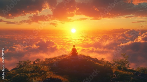 Peaceful meditation at sunset on mountain overlooking clouds