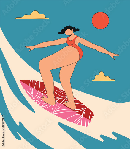 Young girl surfing in swimwear. Vector illustration of a surfer with a surfboard riding ocean waves. Perfect for summer posters, beach party invitations, travel brochures, and wall art decor.