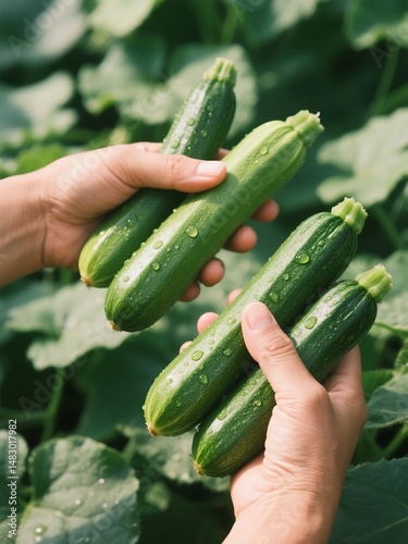 Freshly harvested green zucchini vegetables in hand with water droplets on the surface