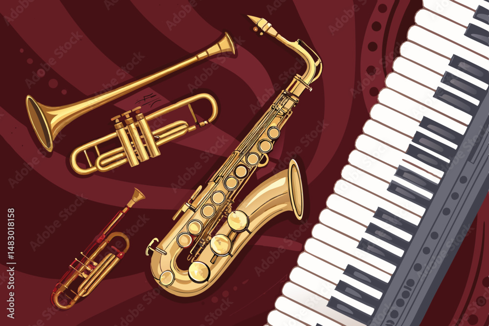Naklejka premium Create a vibrant vector illustration featuring a bold saxophone as the focal point, accompanied by a piano and other jazz instruments. Emphasize a retro style.