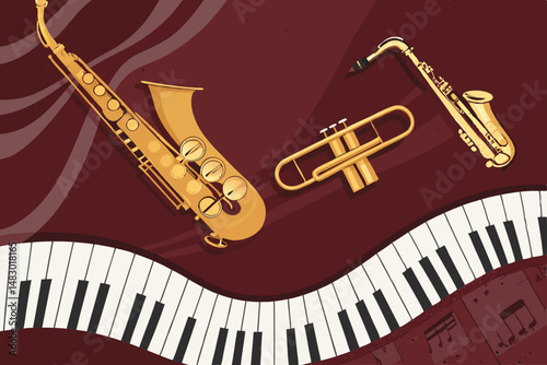 Create a vibrant vector illustration featuring a bold, prominent saxophone alongside a grand piano, showcasing classic jazz instruments.  Include stylistic details.