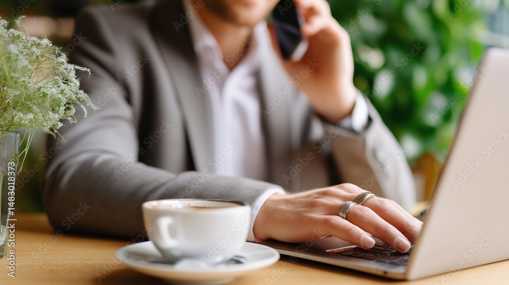 Professional man on phone while working on laptop with coffee in a cozy café setting